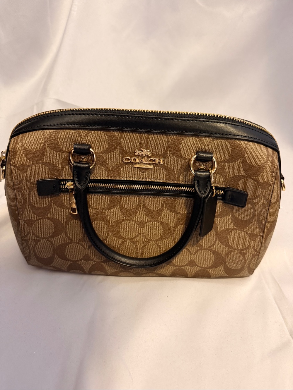 Coach Signature Canvas Satchel in Tan with Black Trim
